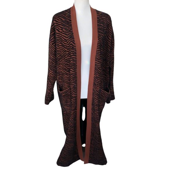 Zara Cozy Brown Zebra Print Long Line Open Front Cardigan Coat Oversized S - Picture 1 of 16